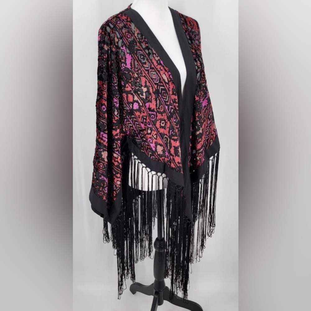 IDYLLWIND Kimono Black Pink Red Fringed Stunning Velvet Burnout Cardigan NWT 🖤💗 - Picture 5 of 16